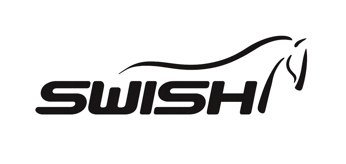 Black 'SWISH' logo with a horse silhouette on a white background