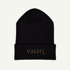 Black beanie with 'VALEQ' logo on a white background