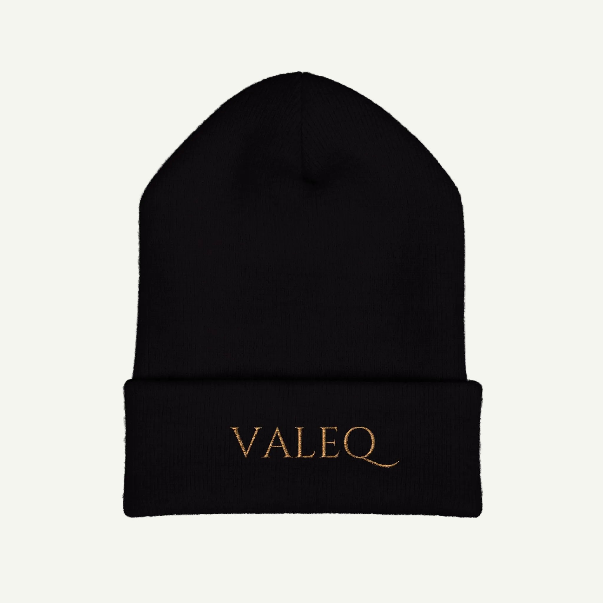 Black beanie with 'VALEQ' logo on a white background