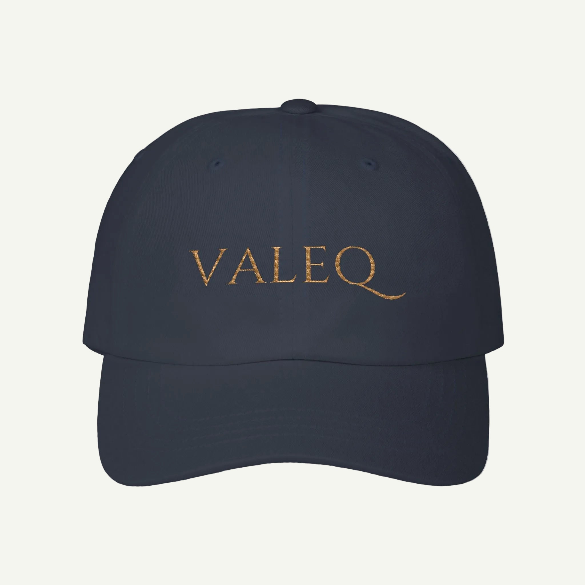 Navy blue cap with 'VALEQ' logo on a white background