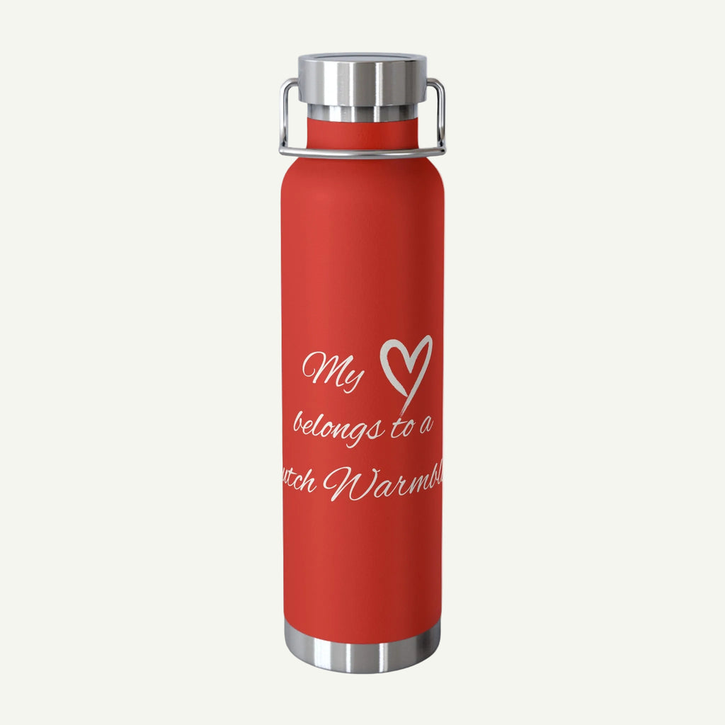 Red water bottle with silver cap and text on a white background