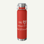 Red water bottle with silver cap and text on a white background