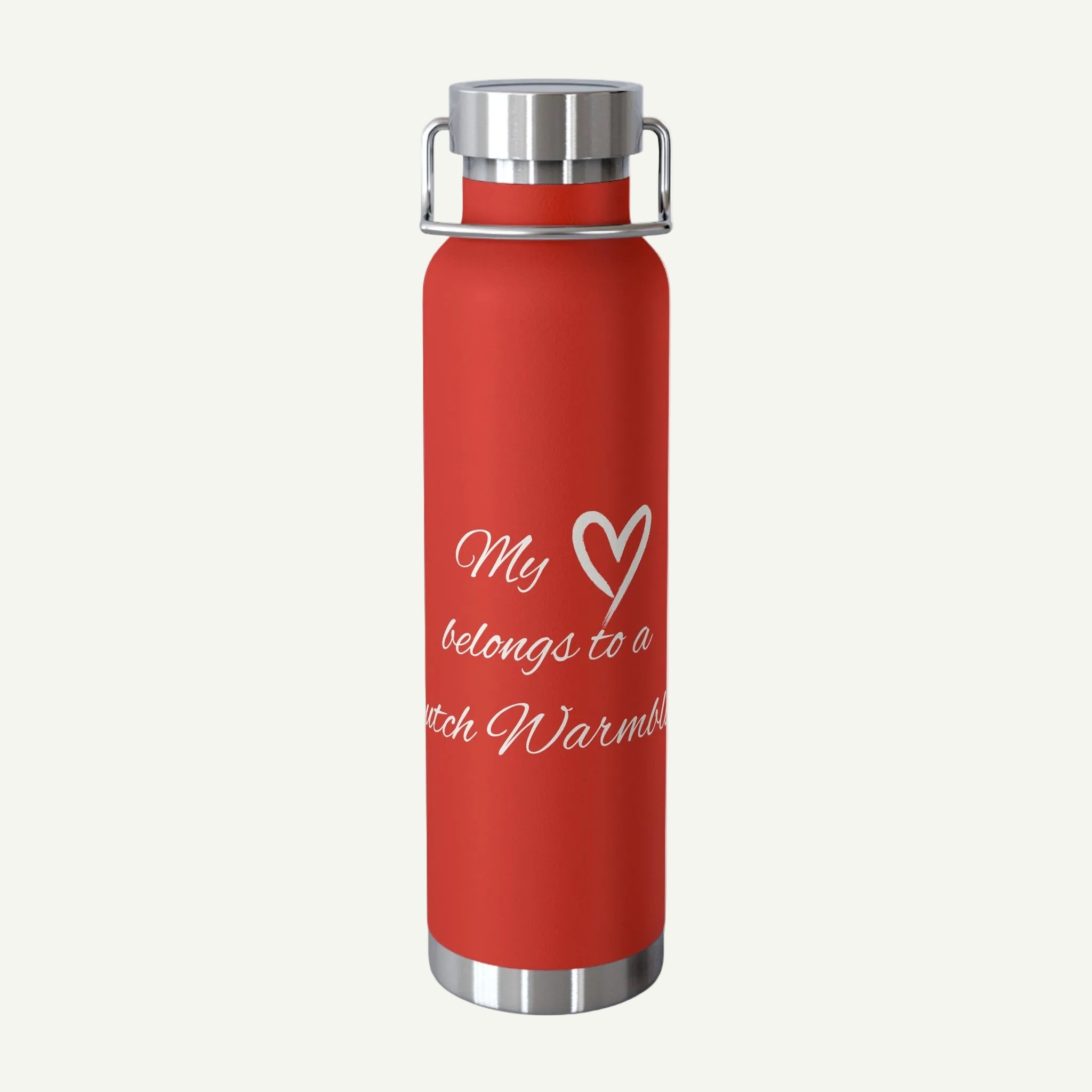 Red water bottle with silver cap and text on a white background