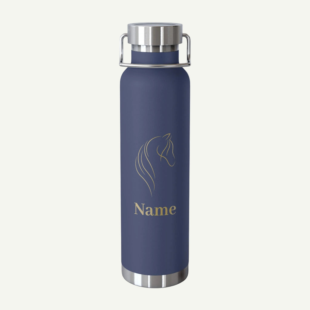 Blue water bottle with horse design and 'Name' text on a white background