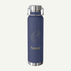 Blue water bottle with horse design and 'Name' text on a white background