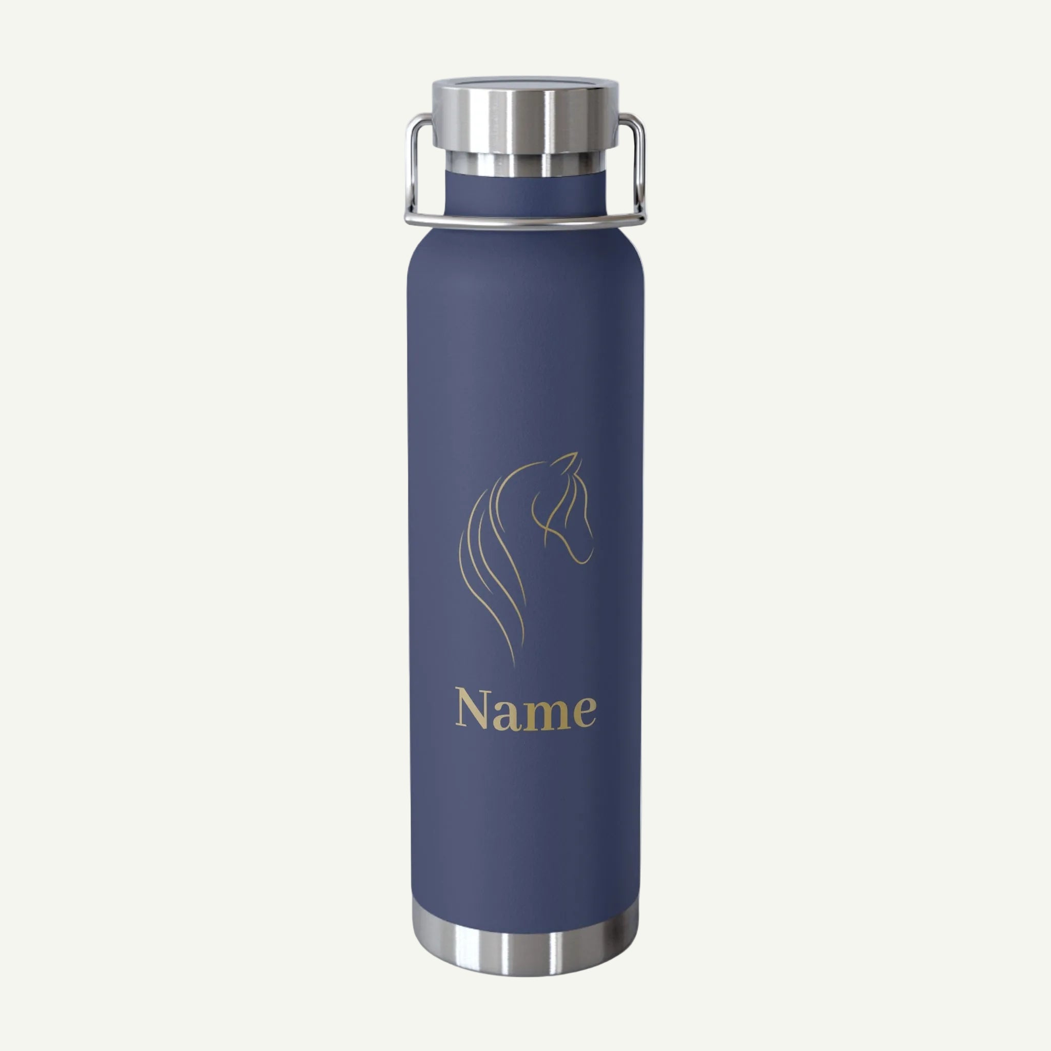 Blue water bottle with horse design and 'Name' text on a white background