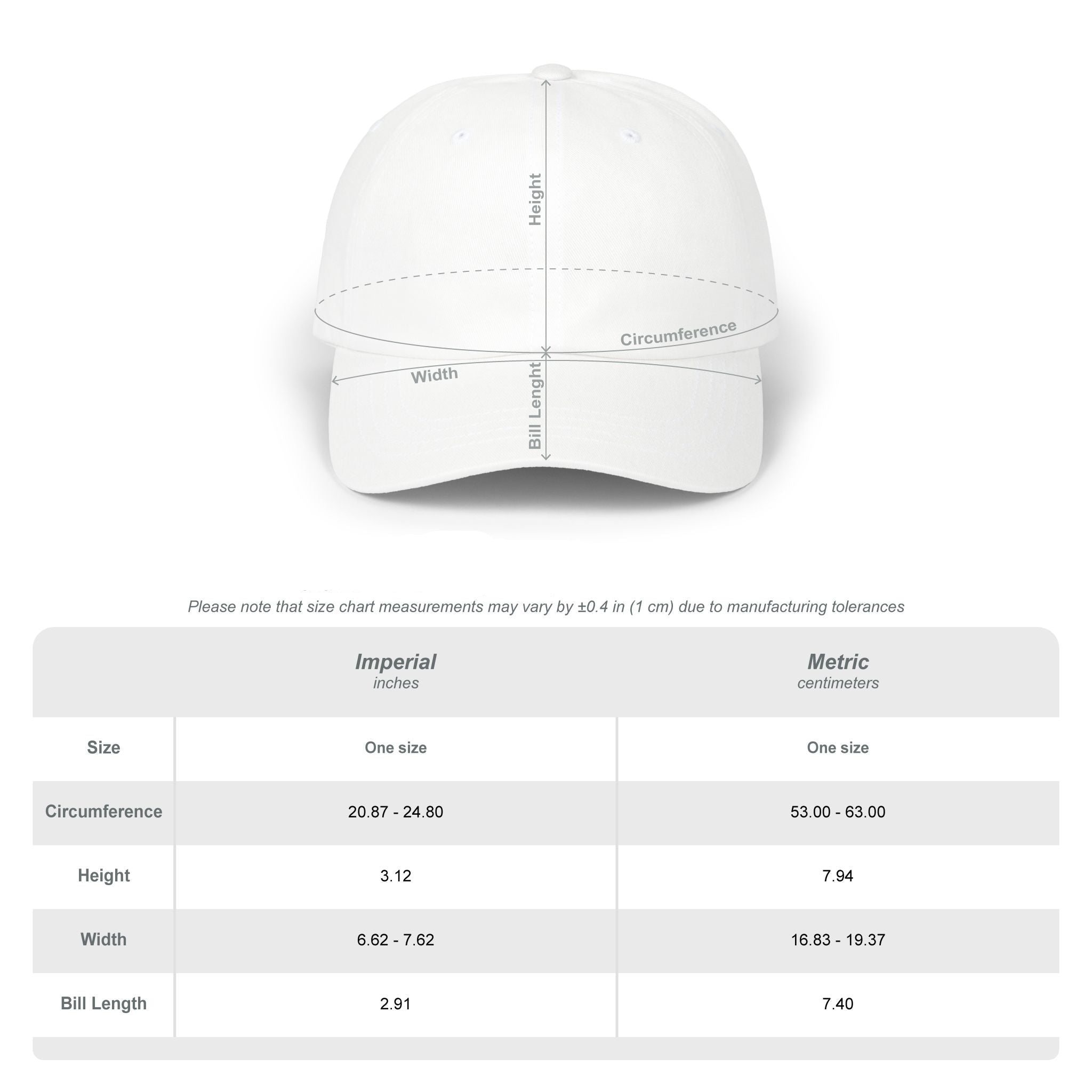 White cap with measurement chart on a white background