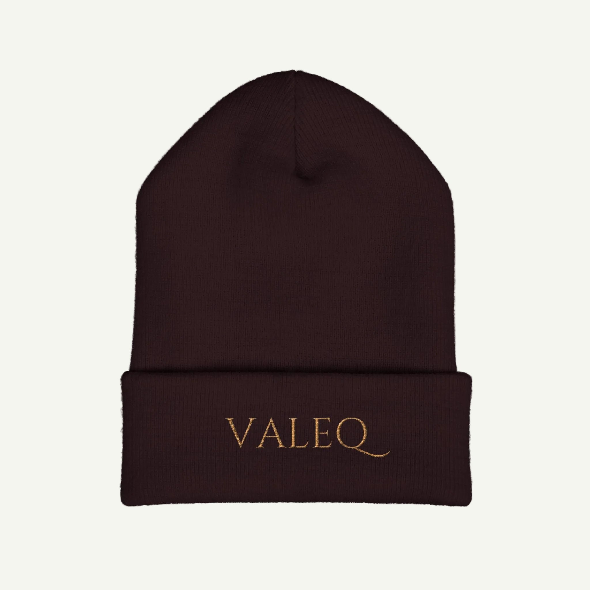 Brown beanie with 'VALEQ' embroidery on a white background