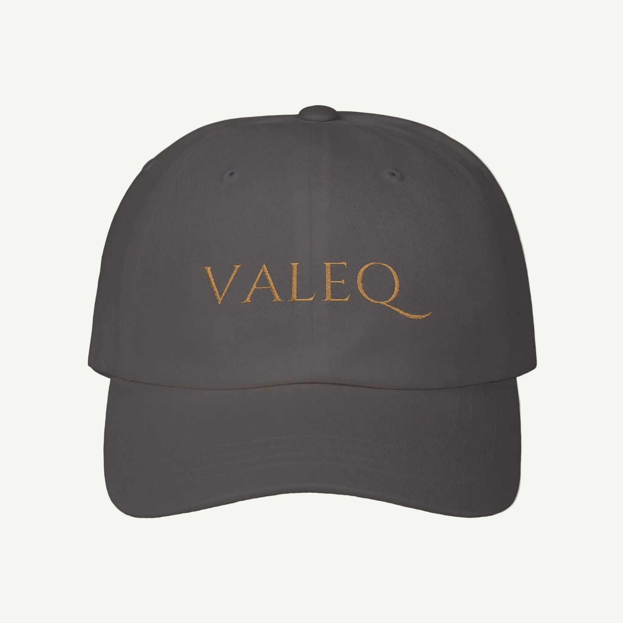 Dark gray cap with 'VALEQ' logo on a white background
