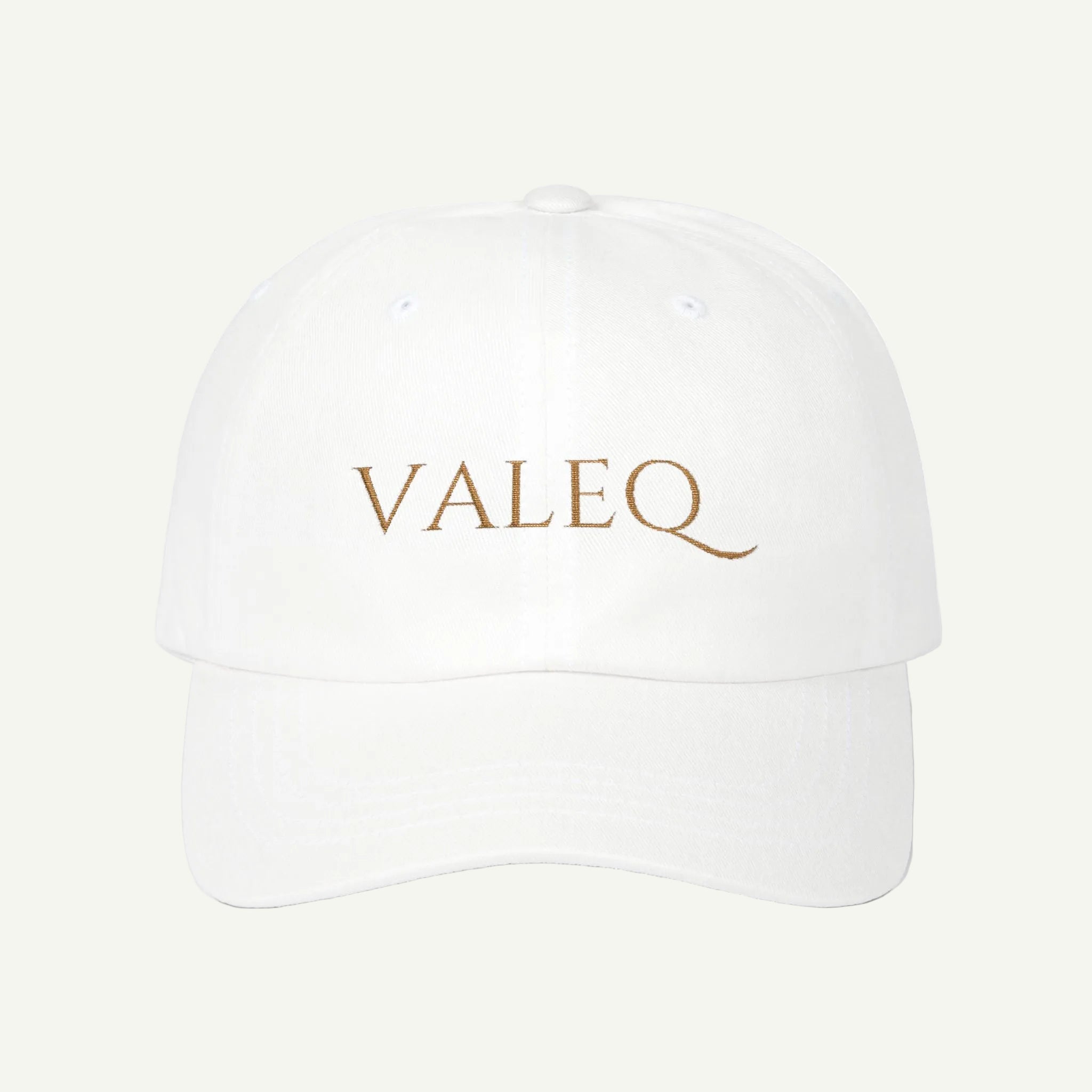 White cap with 'VALEQ' logo on a white background