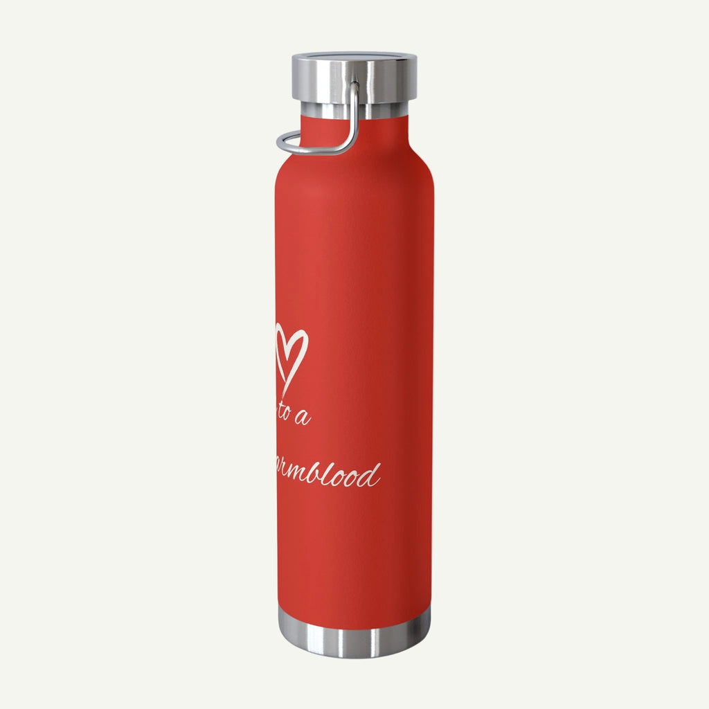 Red water bottle with silver cap and white text on a white background