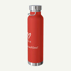 Red water bottle with silver cap and white text on a white background