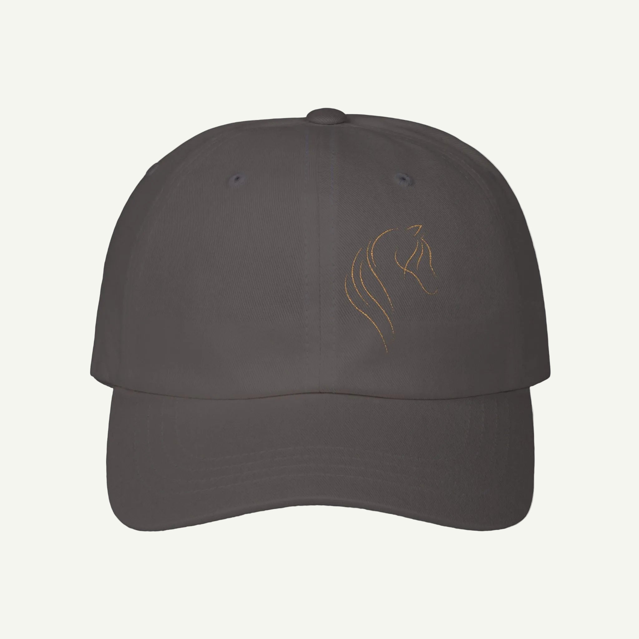 Dark gray cap with a small logo on a white background
