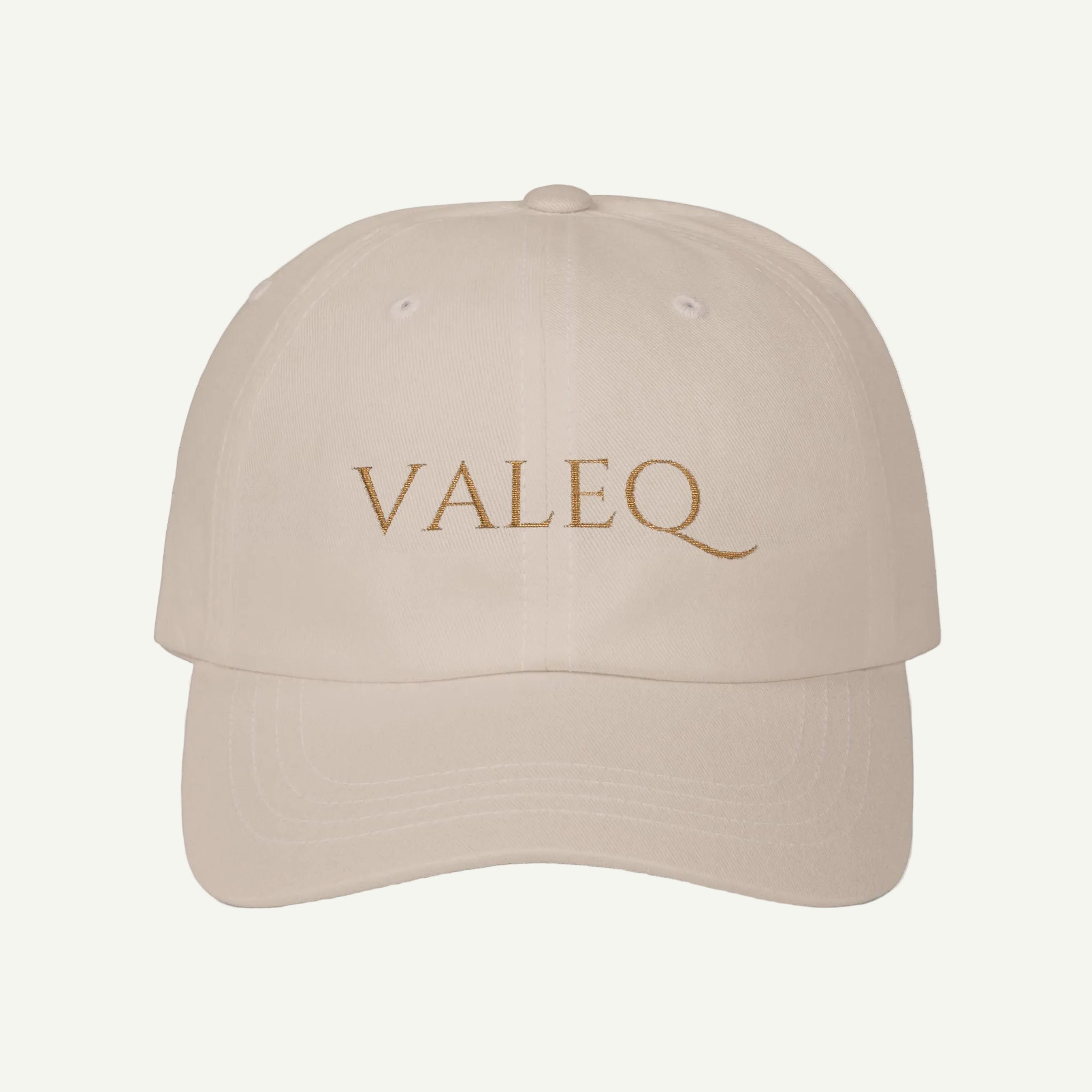 Beige cap with 'VALEQ' logo on a white background