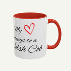 White mug with red interior and handle, featuring a red heart and text on a white background