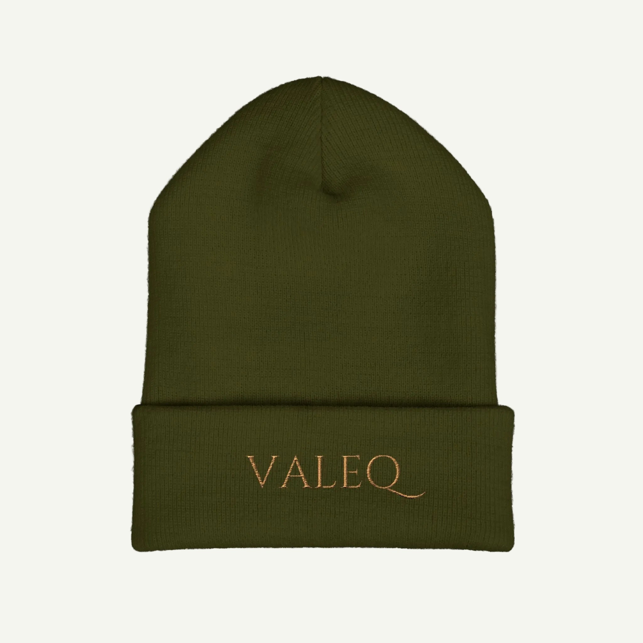 Green beanie with 'VALEQ' embroidery on a white background