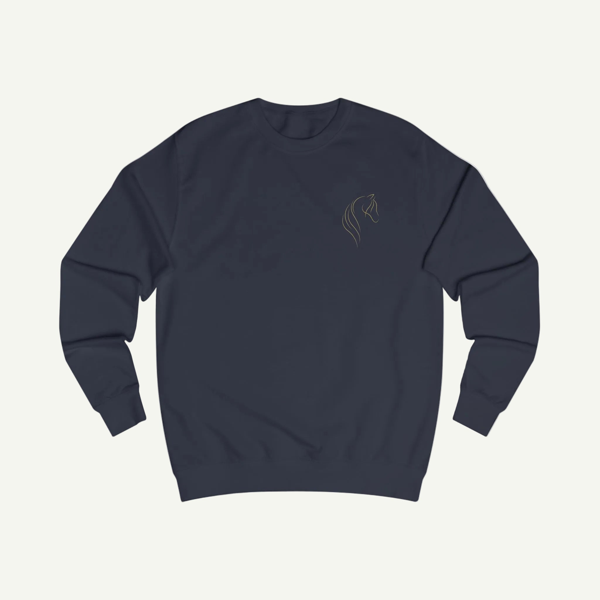 Navy blue sweatshirt with a small logo on the chest against a white background
