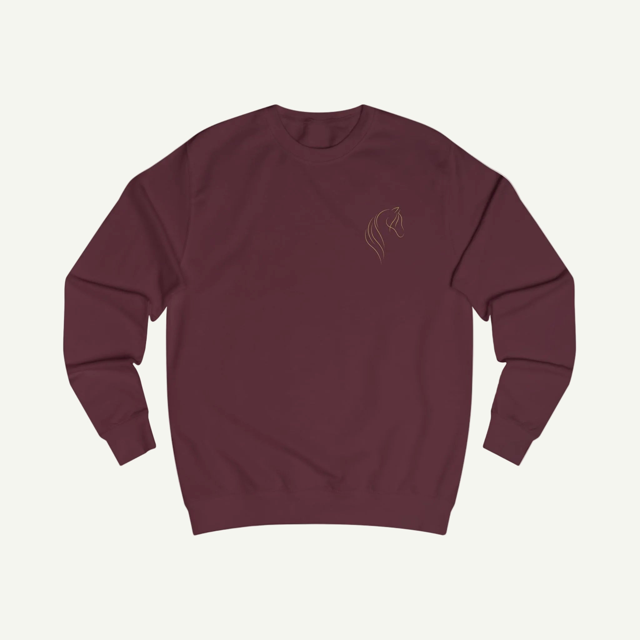Maroon sweatshirt with a small logo on a white background