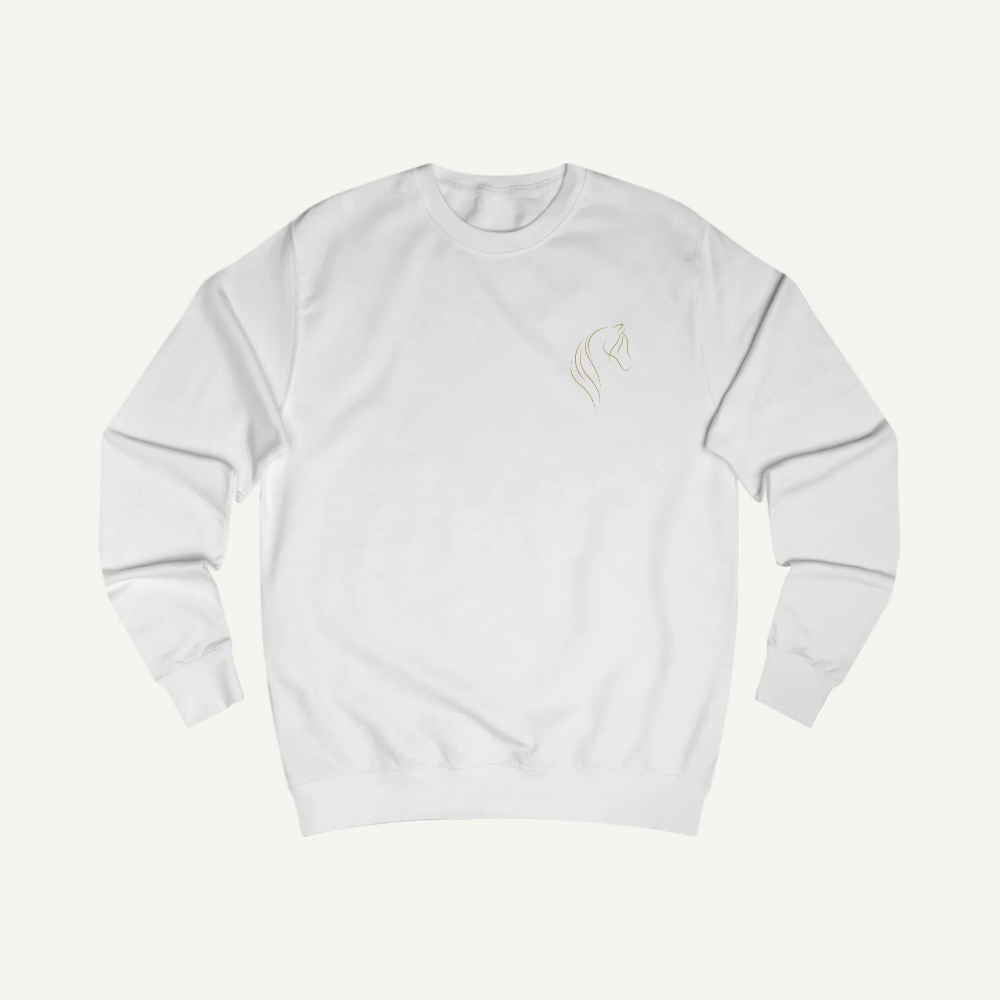White sweatshirt with a small logo on a white background