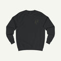 Black sweatshirt with a logo on the chest against a white background