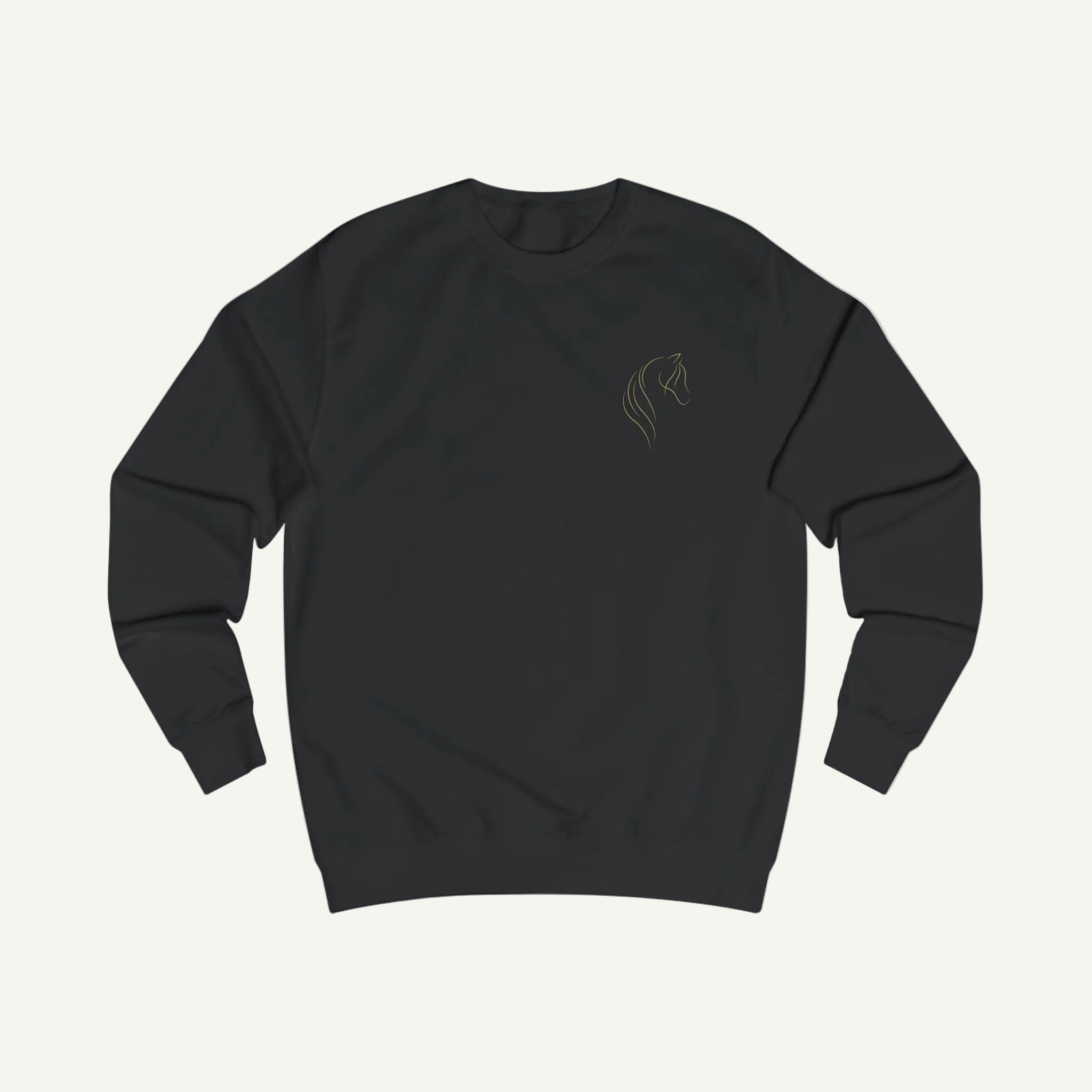 Black sweatshirt with a logo on the chest against a white background
