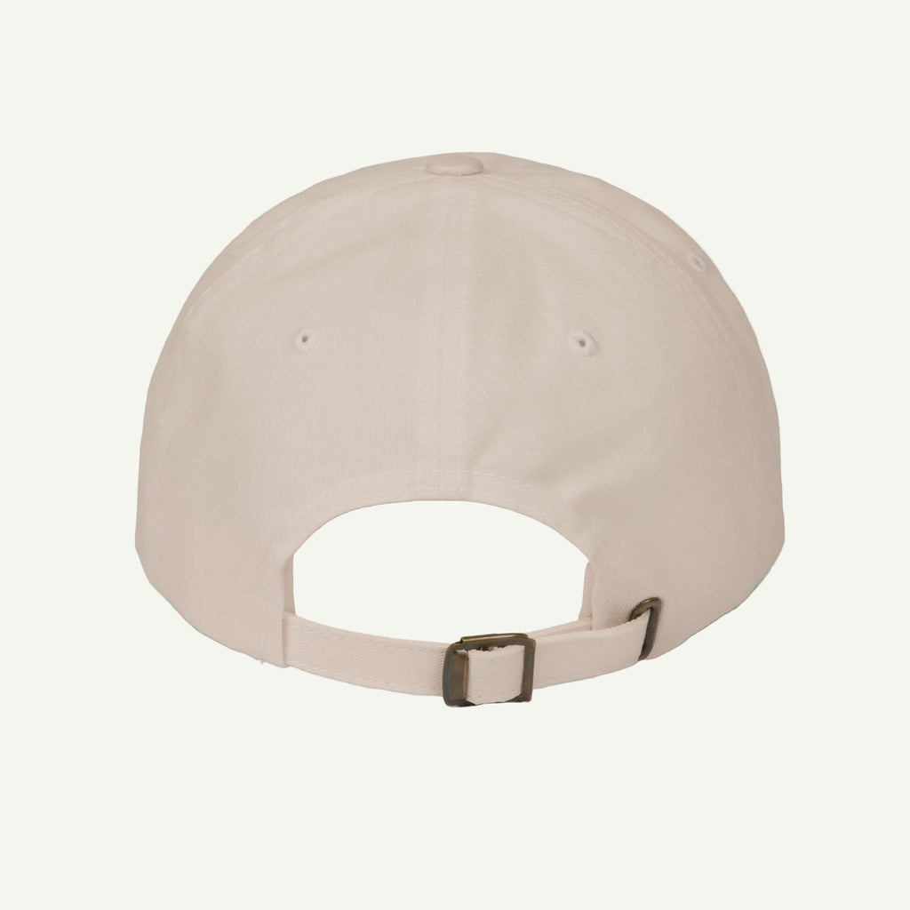 Beige baseball cap with a brown buckle on a white background