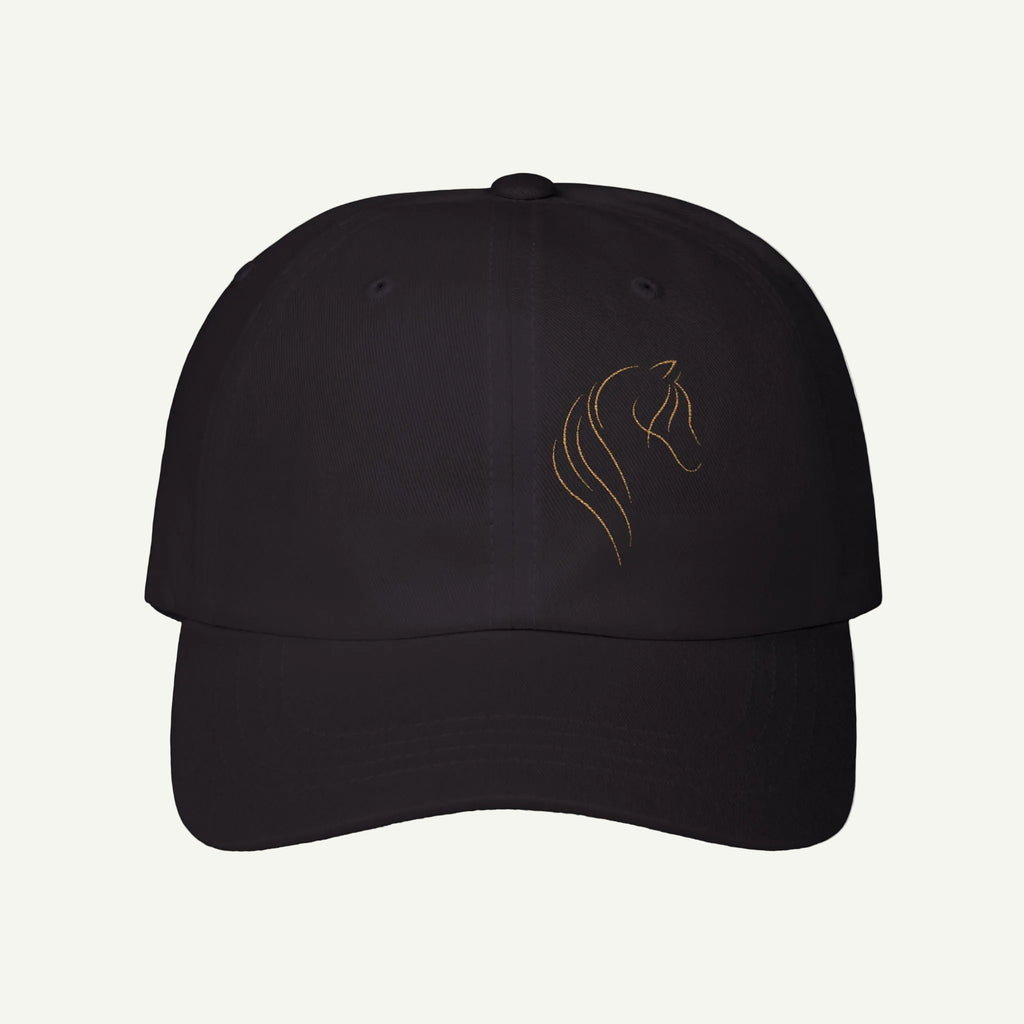 Black cap with a gold embroidered design on a white background