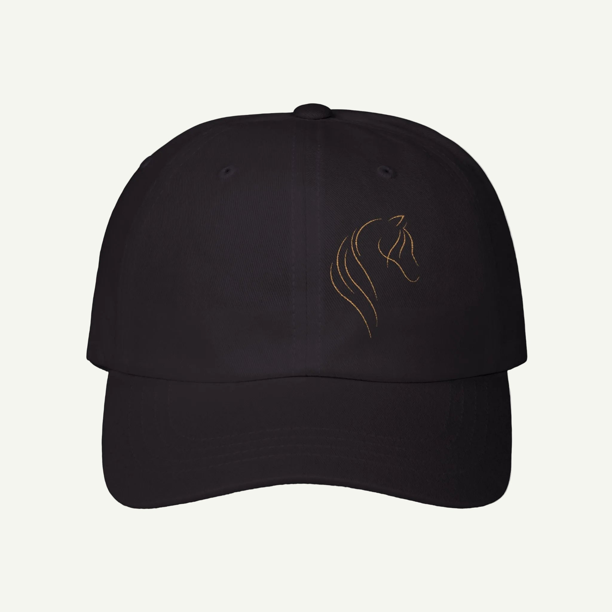 Black cap with a gold embroidered design on a white background