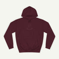 Maroon hoodie with a small logo on a white background