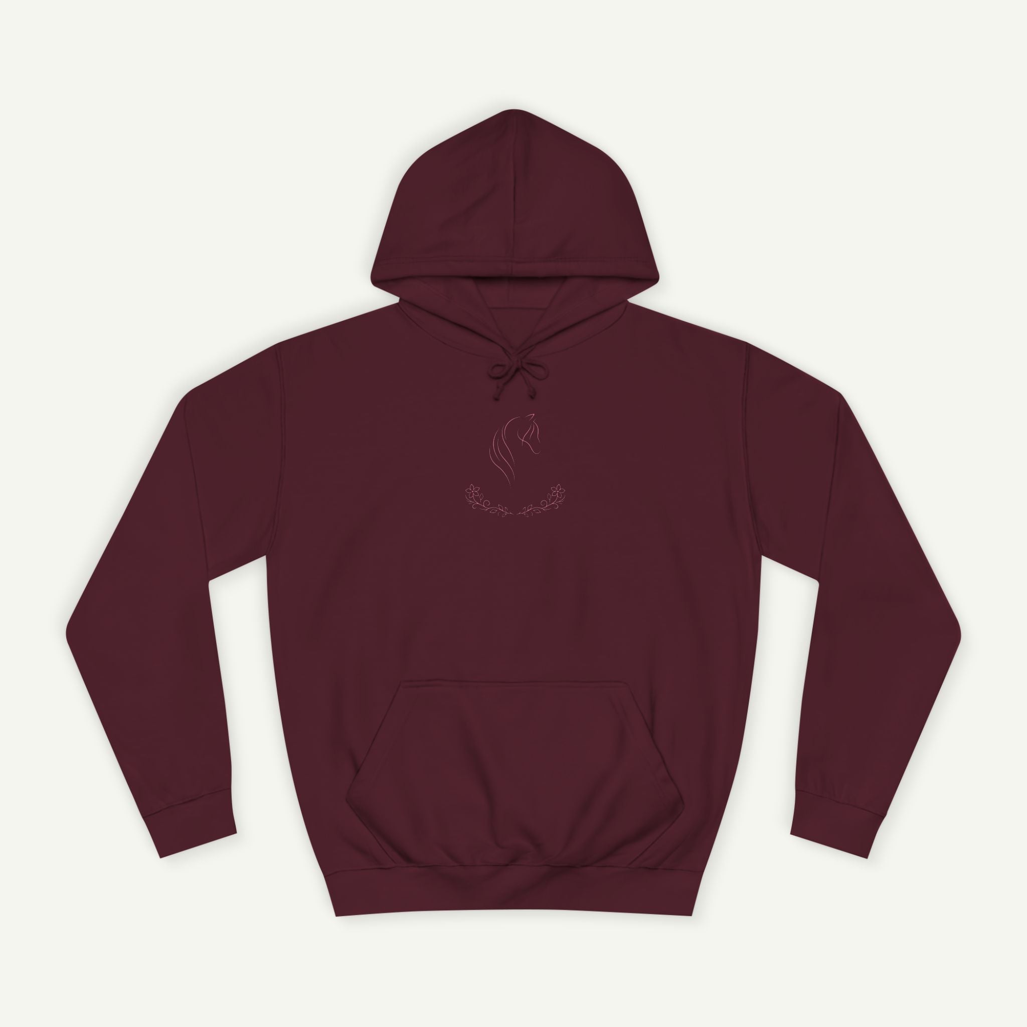 Maroon hoodie with a small logo on a white background