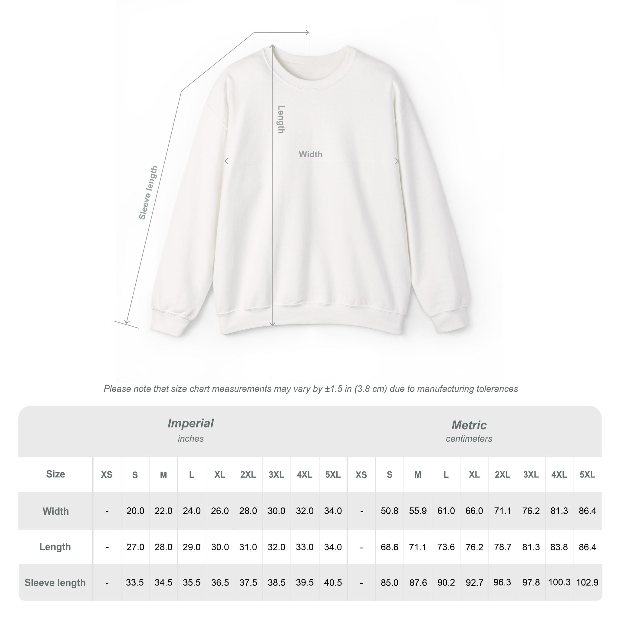 White sweatshirt with measurement chart on a white background