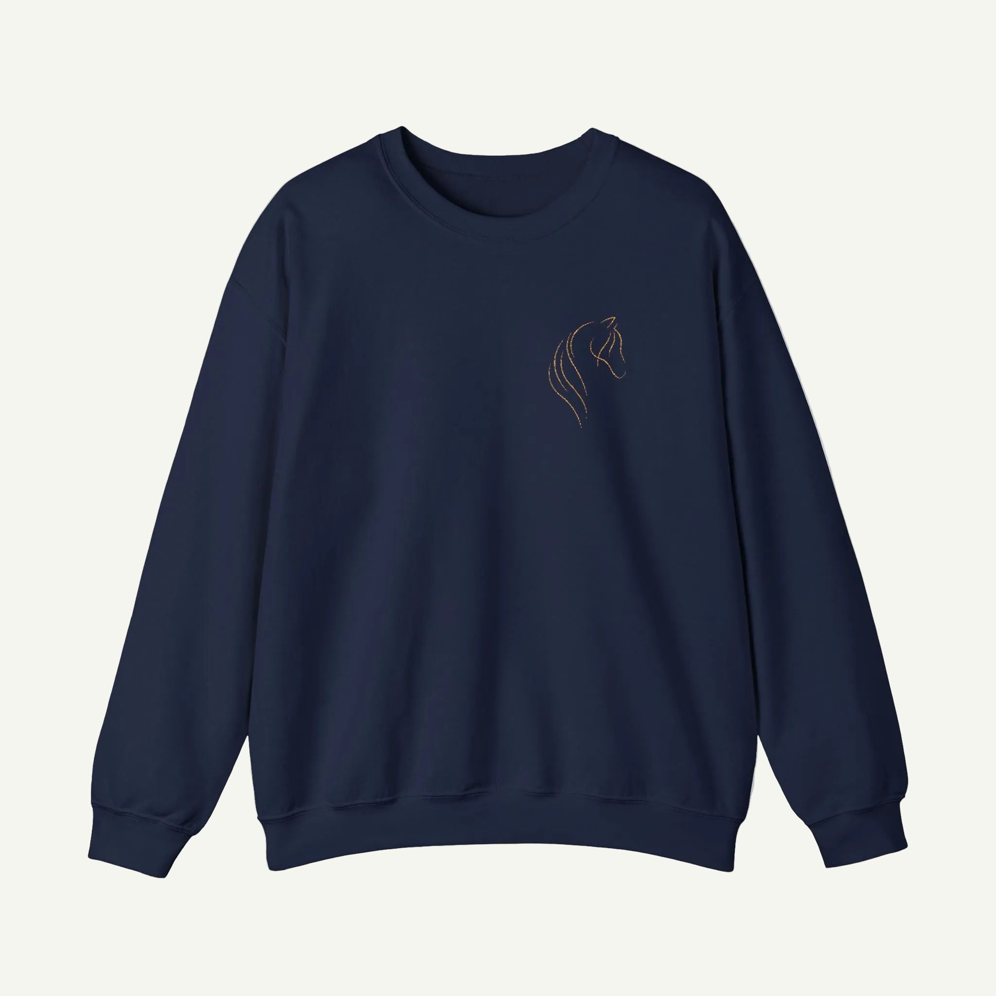 Navy blue sweatshirt with a horse logo on a white background