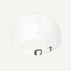 White baseball cap with a brown buckle on a white background