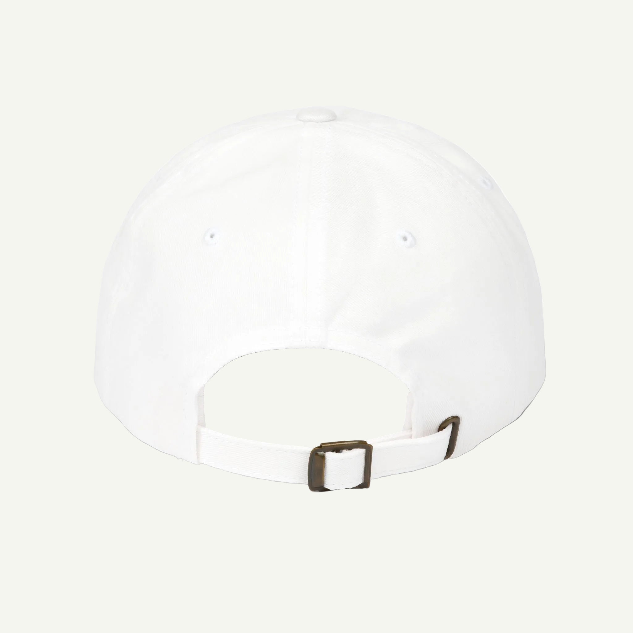 White baseball cap with a brown buckle on a white background