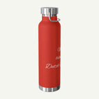 Red water bottle with silver cap and text on a white background