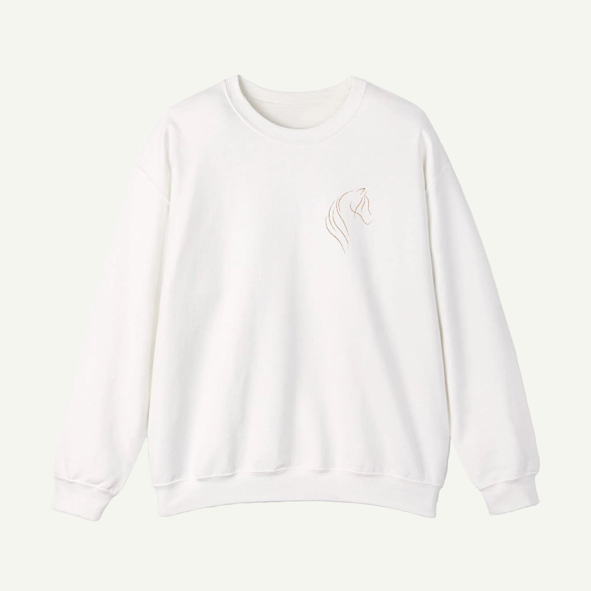 White sweatshirt with a small logo on a white background