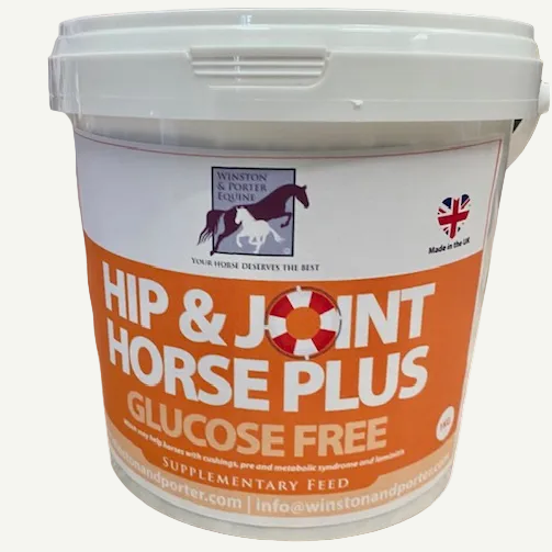 Bucket of Hip & Joint Horse Plus Glucose Free supplement with Winston & Porter branding on a white background