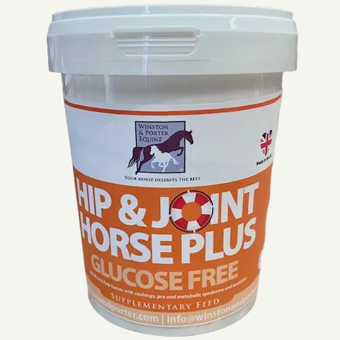 Bucket of Winston & Porter Equine Hip & Joint Horse Plus Glucose Free supplement on a white background