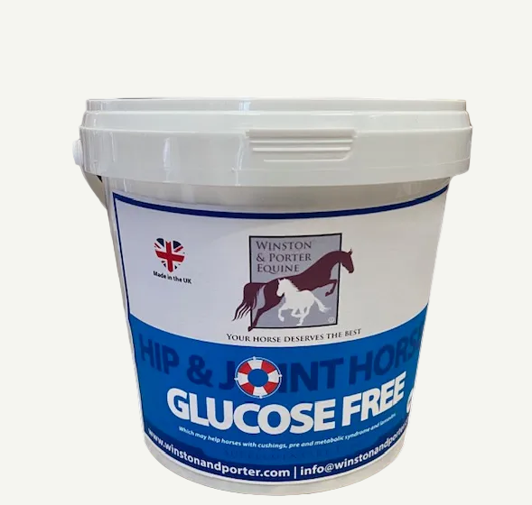 White bucket with blue label for Winston & Porter Equine Hip & Joint Horse supplement on a white background