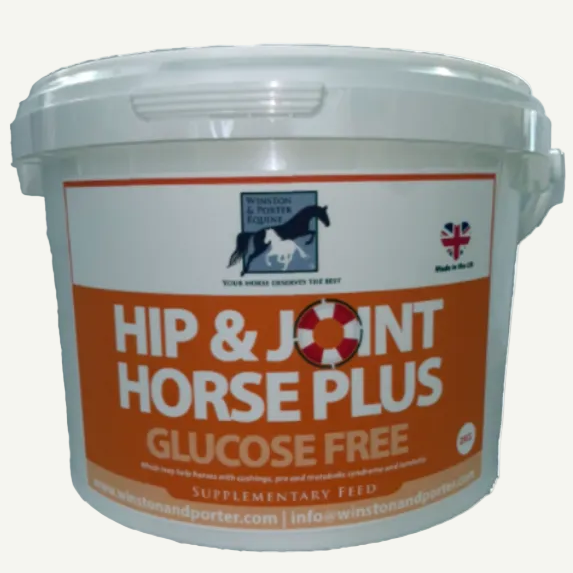 White container of 'Hip & Joint Horse Plus Glucose Free' feed with orange label on a white background