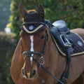 Brown horse with a bridle and saddle in an outdoor setting
