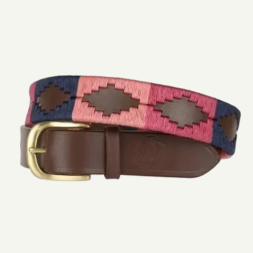 Belt with pink and blue pattern and brown leather strap on a white background