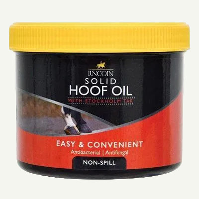 Jar of Lincoln Solid Hoof Oil with yellow lid on a white background