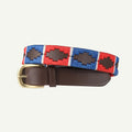 Belt with a colorful woven pattern and brown leather buckle on a white background