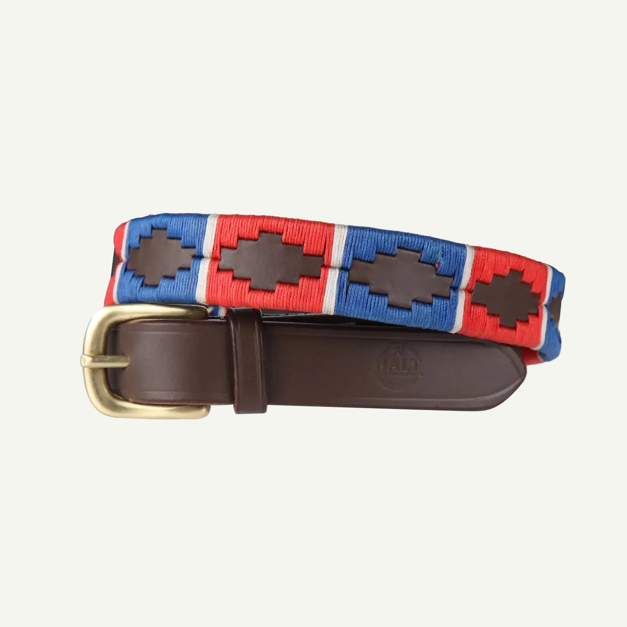 Belt with a colorful woven pattern and brown leather buckle on a white background