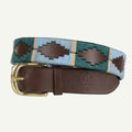 Woven belt with a gold buckle and brown leather strap on a white background