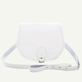 White leather crossbody bag on a white background