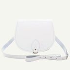 White leather crossbody bag on a white background